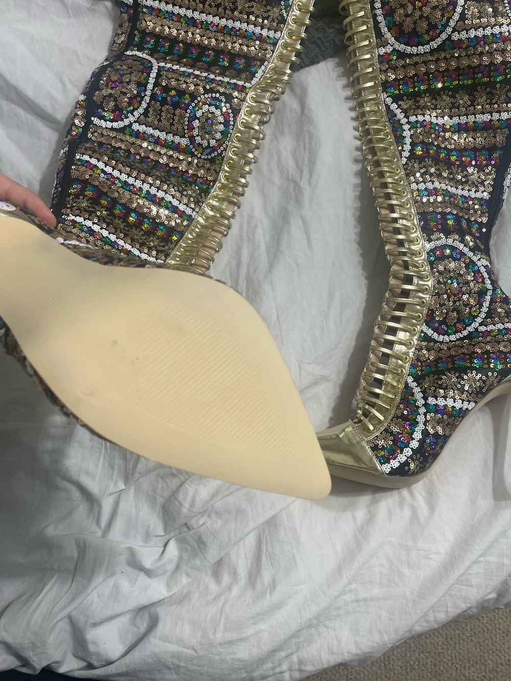 Embellished Gold High-Stiletto Thigh Boots - Multi Sequins - Picture 9 of 10